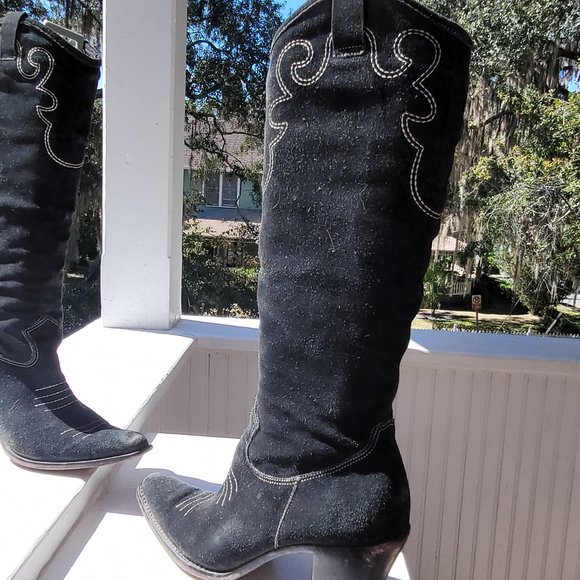 Via Spiga Blizza Sexy Western Embroidered Suede Cowgirl Pointed boots in Black - Picture 2 of 15